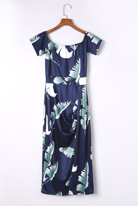 Vestido midi ajustado con hombros descubiertos y estampado floral azul oscuro