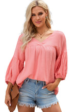 Pink Textured V Neck Bracelet Sleeve Babydoll Blouse