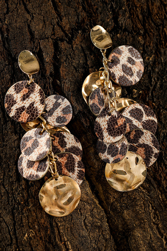 Chestnut Leopard Alloy Disc Stud Dangle Earrings