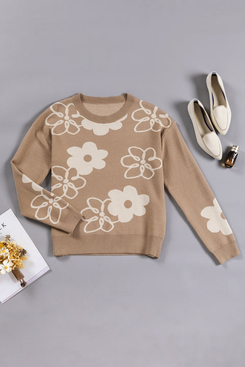 Camel Floral Drop Shoulder Ribbed Trim Sweater