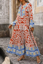 Orange Boho Geometric Printed Long Sleeve Maxi Dress