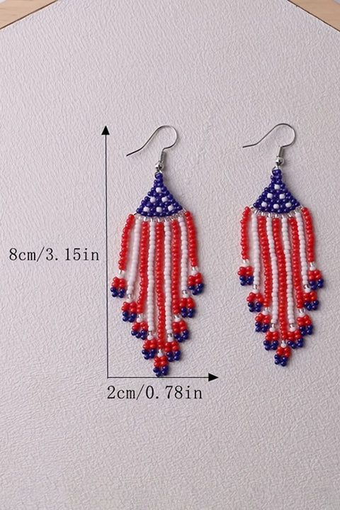 Fiery Red American Flag Beaded Fringed Hook Earrings