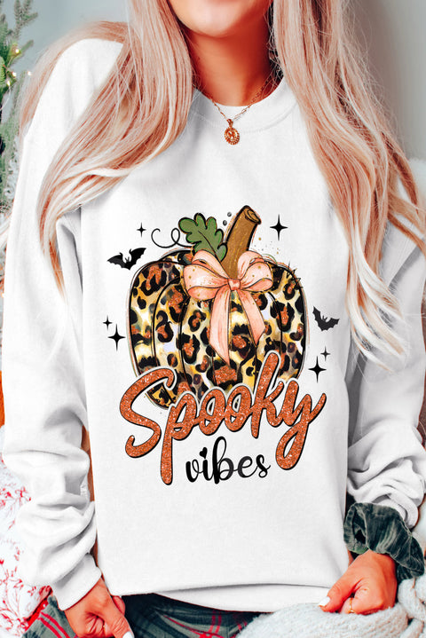 Beige Spooky Leopard Pumpkin Print Crew Neck Sweatshirt