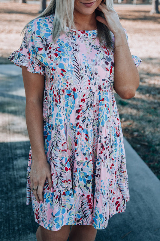 Short Sleeves Floral Print Tiered Ruffled Dress