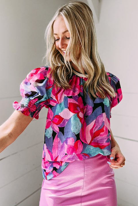 Blusa con estampado floral y mangas abullonadas fruncidas 