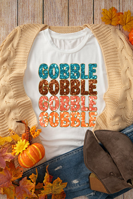 White Glittering GOBBLE Graphic Crewneck Thanksgiving T Shirt