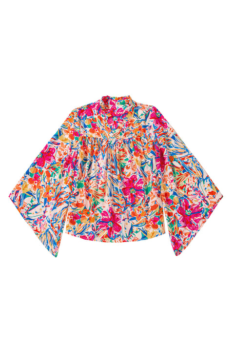 Multicolour Floral Print Bell Sleeve V Neck Blouse