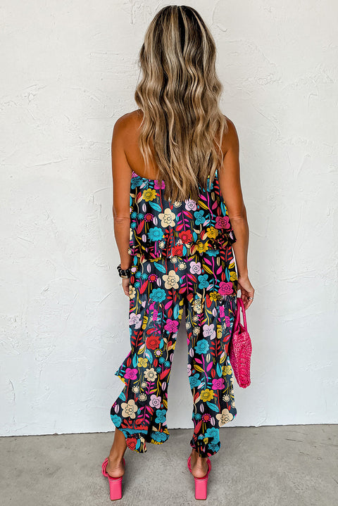 Red Mix Tropical Print Strapless Ruffled Jumpsuit