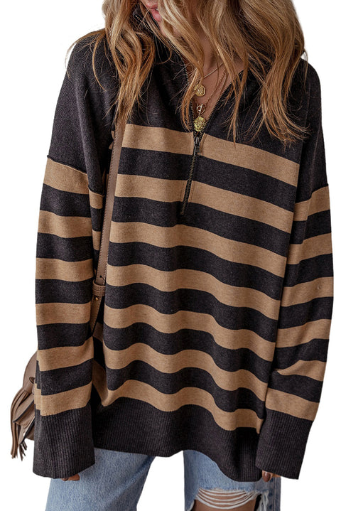 Black Stripe Collared Quarter Zipper Oversized Sweater