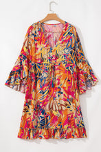 Pink Plant Print Flared Sleeve Ruffled Hem Tunic High Waist Flowy Dress