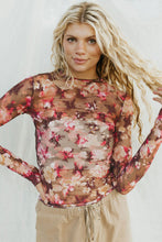 Red Floral Print Sheer Mesh Long Sleeve Top