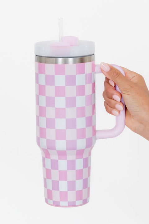 Pink Two-Tone Checkered Stainless Cup With Handle 40oz