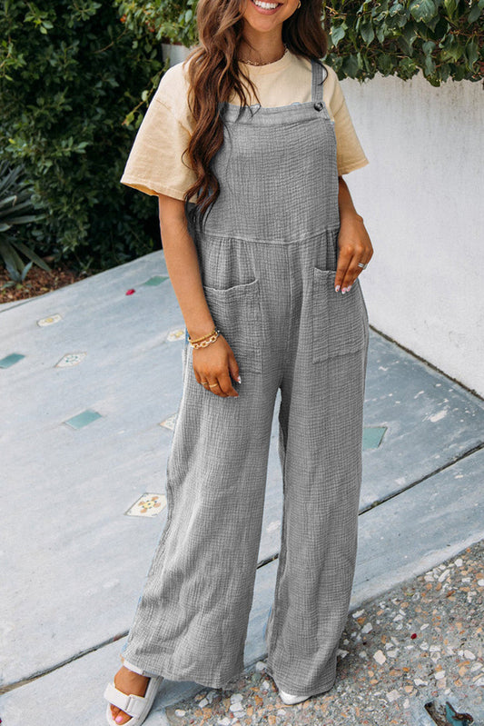 Textured Wide Leg Overall with Pockets