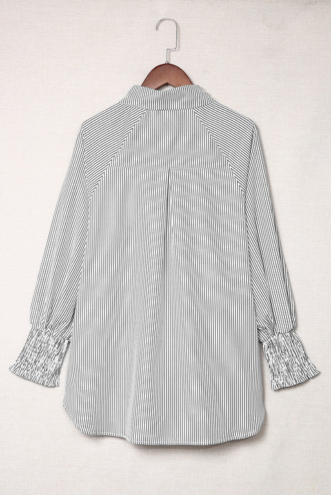 Smocked Cuffed Striped Boyfriend Shirt with Pocket