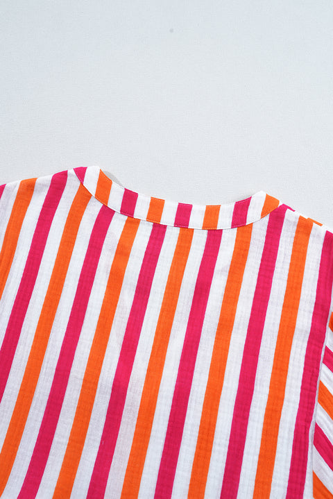 Orange Stripe Balloon Sleeve Notched V Neck Buttoned Front Blouse