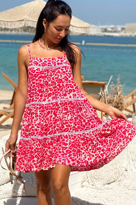 Rose Leopard Print Lace Trim Flared Sundress