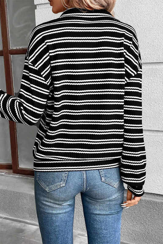 Black Stripe Textured Quarter Zip Collar Long Sleeve Top