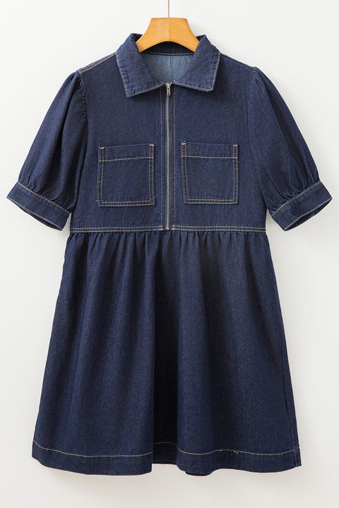 Dirty blue Zipped up Bodice Collared Short Puff Sleeve Denim Dress