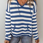 Blue Stripe V Neck Pocketed Drawstring Hooded Sweater