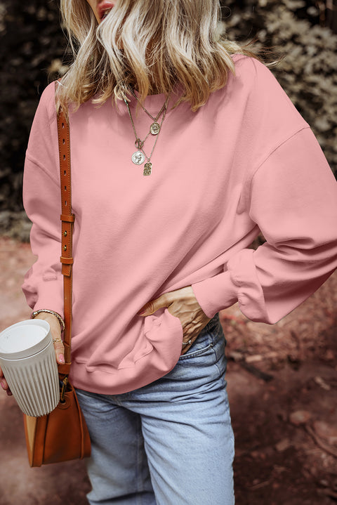 Pink Loose Drop Shoulder Ribbed Sweatshirt