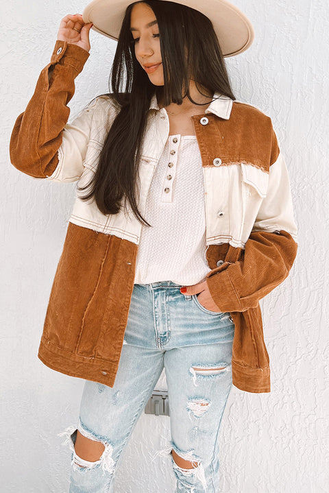 Brown Colorblock Flap Pocket Raw Edge Buttoned Jacket