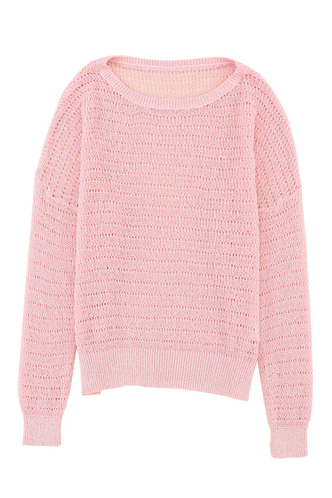 Knitted Eyelets Round Neck Long Sleeve Top