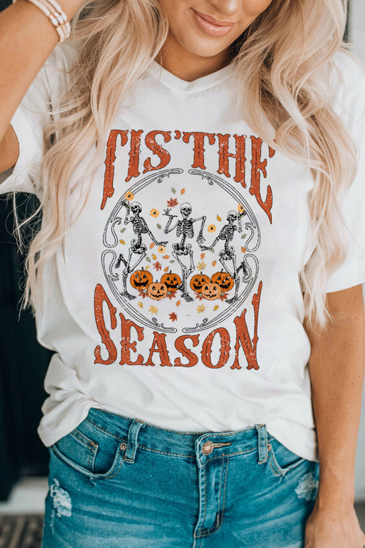 Camiseta blanca con gráfico de esqueleto bailando de la temporada de Halloween