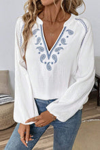 White Paisley Embroidered Textured Split Neck Long Puff Sleeve Blouse