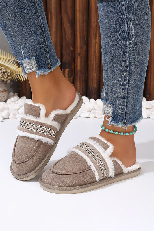 Gray Suede Wavy Striped Plush Lined Slippers