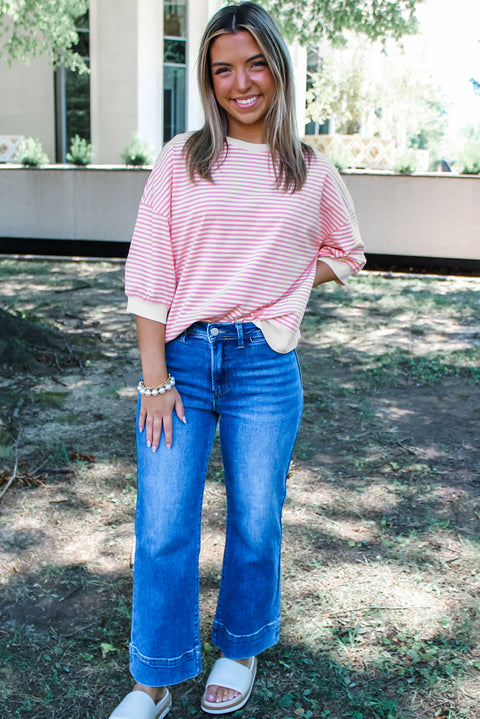 Pink Striped 3/4 Sleeve Drop Shoulder Top