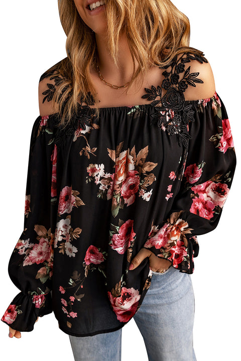 Blusa holgada con hombros descubiertos y patchwork de encaje con estampado floral