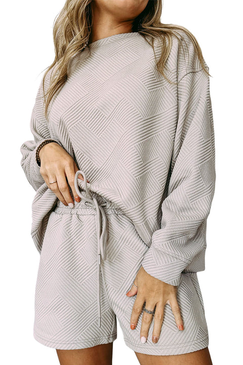 Gray Textured Long Sleeve Top and Drawstring Shorts Set