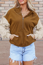 Chestnut Color Block Half Zip Kangaroo Pocketed Hoodie