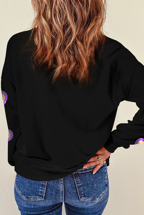 Black Mardi Gras Heart Print Crew Neck Sweatshirt