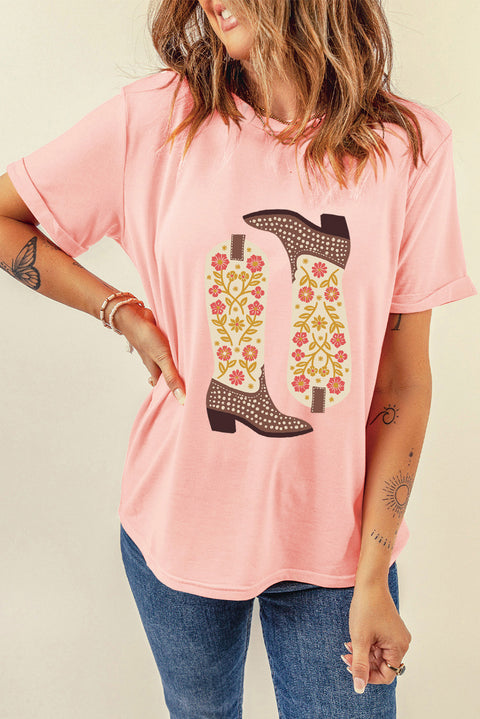 Pink Western Floral Boots Print Round Neck Loose T Shirt