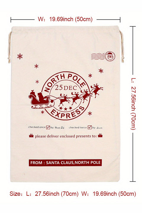 White Christmas Santa Claus Elk Letter Print Drawstring Gift Sack Bag