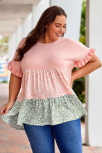 Ruffled Short Sleeve Leopard Splicing Flowy Plus Size Top