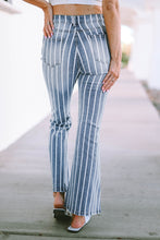 Sky Blue Vertical Striped Ripped Flare Jeans