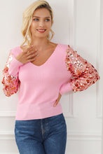 Pink Contrast Sequin Sleeve V Neck Ribbed Knit Sweater