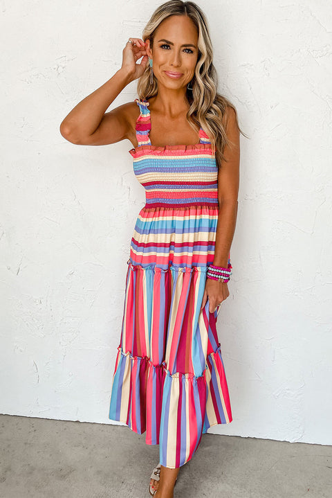 Red Stripe Ruffled Straps Smocked Tiered Long Dress