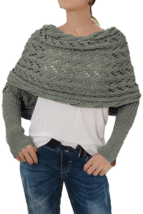 Blackish Green Cross Detail Hollowed Knit Scarf with Sleeves