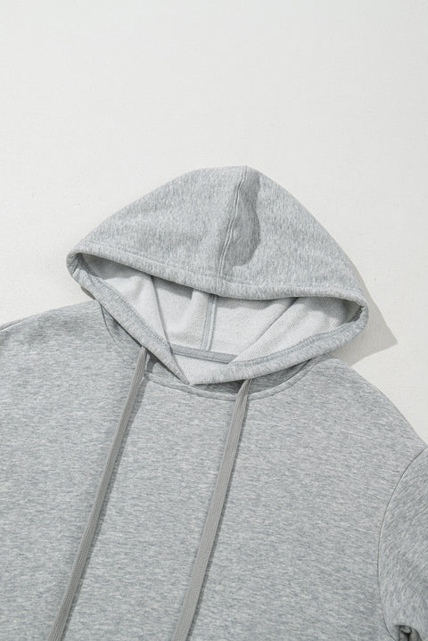 Light Grey Solid Color Fleece Lined Drawstring Hoodie with Pocket