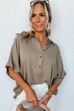 Simply Taupe Collared Half Buttons Folded Short Sleeve Oversize Top