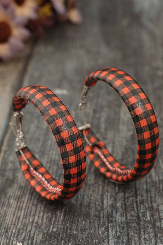 Red Dahlia Plaid Print PU Leather Hoop Earrings