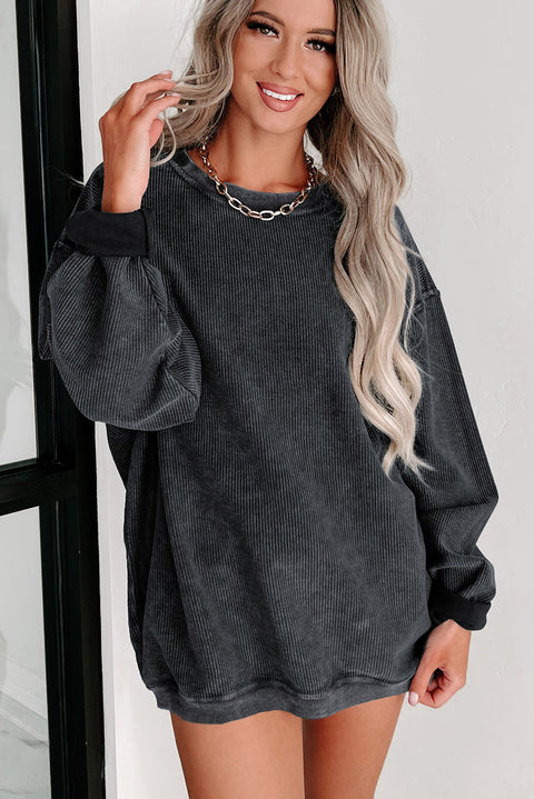 Gray Solid Ribbed Knit Round Neck Pullover Sweatshirt