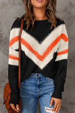 Black Chevron Striped Drop Shoulder Sweater