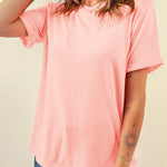 Pink Casual Plain Crew Neck Tee