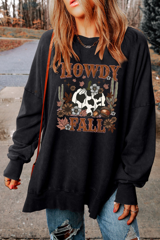 Sudadera negra con dobladillo dividido y estampado de calabaza HOWDY FALL