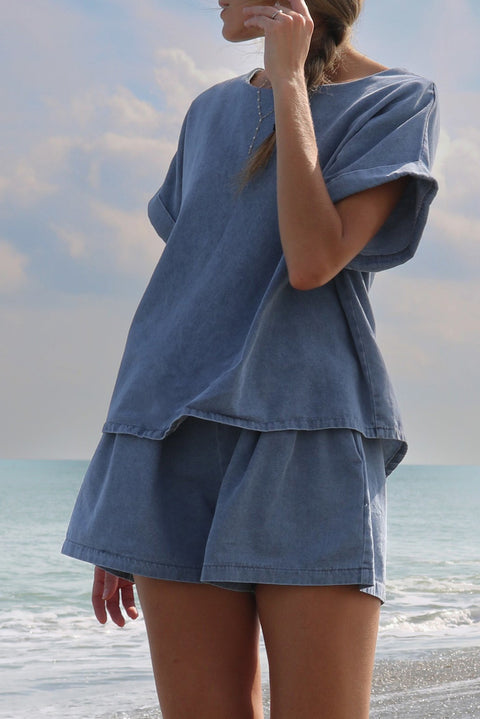 Light Blue Denim Cuffed Sleeve Tee Elastic Shorts Set