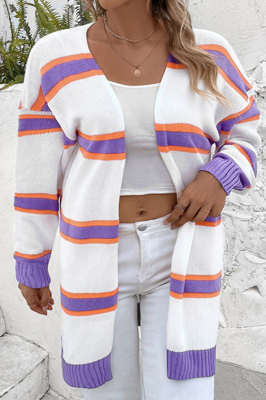 Beige Plus Size Striped Dropped Shoulder Sweater Cardigan